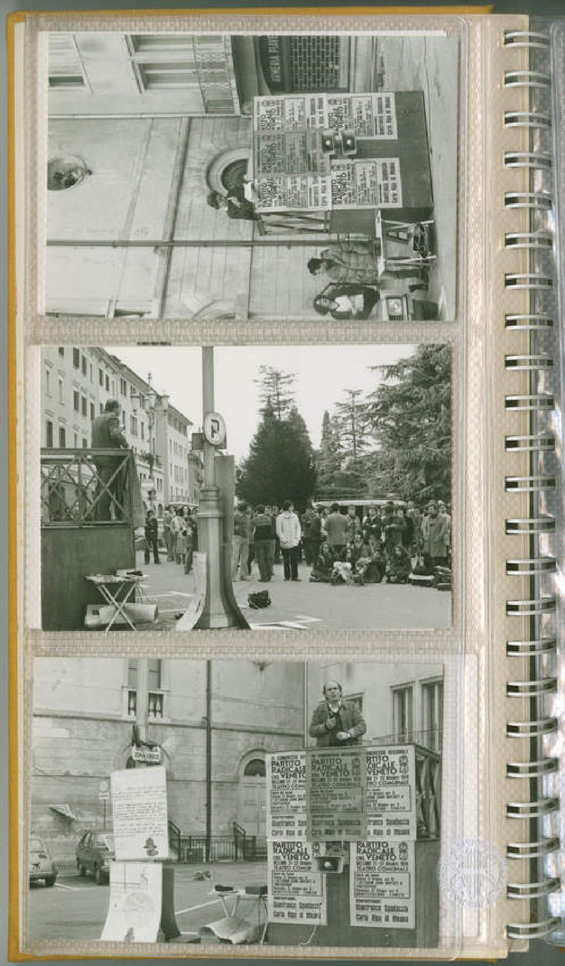 Foto di un comizio legato al Congresso del Partito radicale a Belluno dell'ottobre 1978. Fondo Partito radicale Vicenza, Album di fotografie, b. 4f, foto 2, 4, 6.